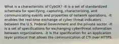 What is a characteristic of CybOX? -It is a set of standardized schemata for specifying, capturing, characterizing, and communicating events and properties of network operations. -It enables the real-time exchange of cyber threat indicators between the U.S. Federal Government and the private sector. -It is a set of specifications for exchanging cyberthreat information between organizations. -It is the specification for an application layer protocol that allows the communication of CTI over HTTPS.