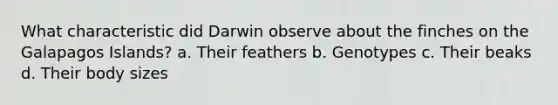 What characteristic did Darwin observe about the finches on the Galapagos Islands? a. Their feathers b. Genotypes c. Their beaks d. Their body sizes