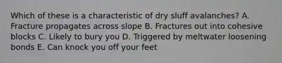 Which of these is a characteristic of dry sluff avalanches? A. Fracture propagates across slope B. Fractures out into cohesive blocks C. Likely to bury you D. Triggered by meltwater loosening bonds E. Can knock you off your feet