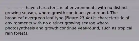 ---- ---- ---- have characteristic of environments with no distinct growing season, where growth continues year-round. The broadleaf evergreen leaf type (Figure 23.4a) is characteristic of environments with no distinct growing season where photosynthesis and growth continue year-round, such as tropical rain forests.