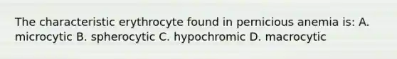 The characteristic erythrocyte found in pernicious anemia is: A. microcytic B. spherocytic C. hypochromic D. macrocytic