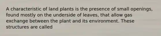 A characteristic of land plants is the presence of small openings, found mostly on the underside of leaves, that allow <a href='https://www.questionai.com/knowledge/kU8LNOksTA-gas-exchange' class='anchor-knowledge'>gas exchange</a> between the plant and its environment. These structures are called