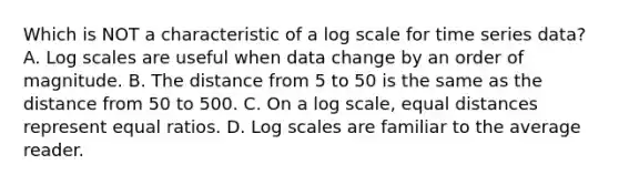 Which is NOT a characteristic of a log scale for time series data? A. Log scales are useful when data change by an order of magnitude. B. The distance from 5 to 50 is the same as the distance from 50 to 500. C. On a log scale, equal distances represent equal ratios. D. Log scales are familiar to the average reader.