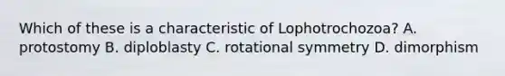 Which of these is a characteristic of Lophotrochozoa? A. protostomy B. diploblasty C. rotational symmetry D. dimorphism