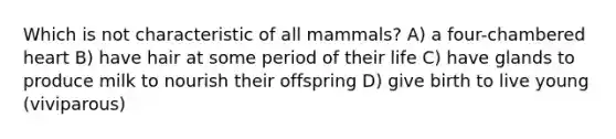 Which is not characteristic of all mammals? A) a four-chambered heart B) have hair at some period of their life C) have glands to produce milk to nourish their offspring D) give birth to live young (viviparous)