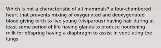 Which is not a characteristic of all mammals? a four-chambered heart that prevents mixing of oxygenated and deoxygenated blood giving birth to live young (viviparous) having hair during at least some period of life having glands to produce nourishing milk for offspring having a diaphragm to assist in ventilating the lungs