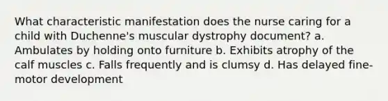 What characteristic manifestation does the nurse caring for a child with Duchenne's muscular dystrophy document? a. Ambulates by holding onto furniture b. Exhibits atrophy of the calf muscles c. Falls frequently and is clumsy d. Has delayed fine-motor development