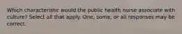 Which characteristic would the public health nurse associate with culture? Select all that apply. One, some, or all responses may be correct.