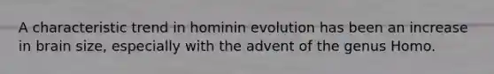 A characteristic trend in hominin evolution has been an increase in brain size, especially with the advent of the genus Homo.