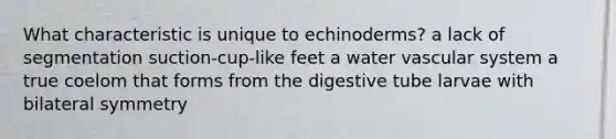 What characteristic is unique to echinoderms? a lack of segmentation suction-cup-like feet a water vascular system a true coelom that forms from the digestive tube larvae with bilateral symmetry