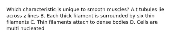 Which characteristic is unique to smooth muscles? A.t tubules lie across z lines B. Each thick filament is surrounded by six thin filaments C. Thin filaments attach to dense bodies D. Cells are multi nucleated