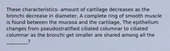 These characteristics- amount of cartilage decreases as the bronchi decrease in diameter, A complete ring of smooth muscle is found between the mucosa and the cartilage, The epithelium changes from pseudostratified ciliated columnar to ciliated columnar as the bronchi get smaller are shared among all the _________?