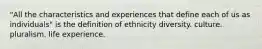 "All the characteristics and experiences that define each of us as individuals" is the definition of ethnicity diversity. culture. pluralism. life experience.