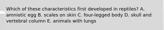 Which of these characteristics first developed in reptiles? A. amniotic egg B. scales on skin C. four-legged body D. skull and vertebral column E. animals with lungs