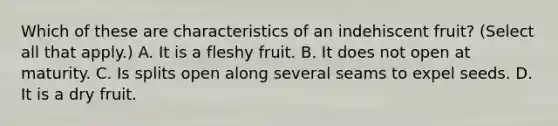 Which of these are characteristics of an indehiscent fruit? (Select all that apply.) A. It is a fleshy fruit. B. It does not open at maturity. C. Is splits open along several seams to expel seeds. D. It is a dry fruit.