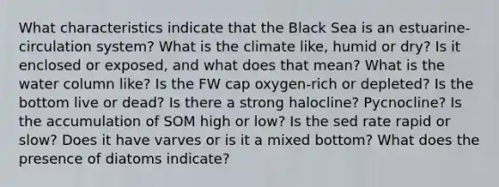 What characteristics indicate that the Black Sea is an estuarine-circulation system? What is the climate like, humid or dry? Is it enclosed or exposed, and what does that mean? What is the water column like? Is the FW cap oxygen-rich or depleted? Is the bottom live or dead? Is there a strong halocline? Pycnocline? Is the accumulation of SOM high or low? Is the sed rate rapid or slow? Does it have varves or is it a mixed bottom? What does the presence of diatoms indicate?