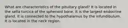 What are characteristics of the pituitary gland? It is located in the sella turcica of the sphenoid bone. It is the largest endocrine gland. It is connected to the hypothalamus by the infundibulum. It is located in the neck region.