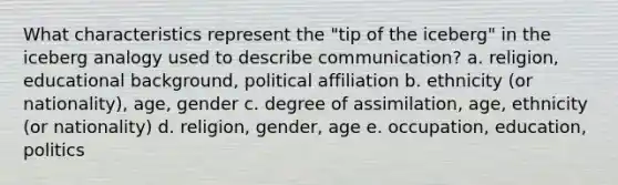 What characteristics represent the "tip of the iceberg" in the iceberg analogy used to describe communication?​ a. ​religion, educational background, political affiliation b. ethnicity (or nationality), age, gender​ c. degree of assimilation, age, ethnicity (or nationality)​ d. religion, gender, age​ e. occupation, education, politics​