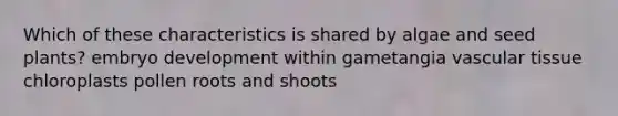 Which of these characteristics is shared by algae and seed plants? embryo development within gametangia vascular tissue chloroplasts pollen roots and shoots