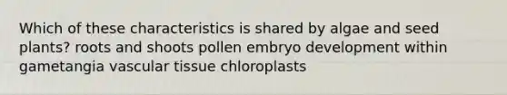 Which of these characteristics is shared by algae and seed plants? roots and shoots pollen embryo development within gametangia vascular tissue chloroplasts