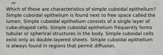 Which of these are characteristics of simple cuboidal epithelium? Simple cuboidal epithelium is found next to free space called the lumen. Simple cuboidal epithelium consists of a single layer of cube-shaped cells. Simple cuboidal epithelium frequently forms tubular or spherical structures in the body. Simple cuboidal cells exist only as double-layered sheets. Simple cuboidal epithelium is always found in regions that permit diffusion.