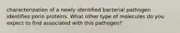 characterization of a newly identified bacterial pathogen identifies porin proteins. What other type of molecules do you expect to find associated with this pathogen?