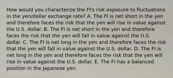 How would you characterize the FI's risk exposure to fluctuations in the yen/dollar exchange rate? A. The FI is net short in the yen and therefore faces the risk that the yen will rise in value against the U.S. dollar. B. The FI is net short in the yen and therefore faces the risk that the yen will fall in value against the U.S. dollar. C. The FI is net long in the yen and therefore faces the risk that the yen will fall in value against the U.S. dollar. D. The FI is net long in the yen and therefore faces the risk that the yen will rise in value against the U.S. dollar. E. The FI has a balanced position in the Japanese yen.