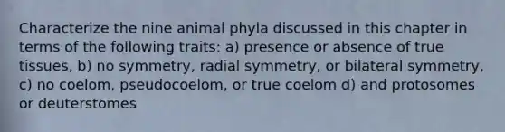 Characterize the nine animal phyla discussed in this chapter in terms of the following traits: a) presence or absence of true tissues, b) no symmetry, radial symmetry, or bilateral symmetry, c) no coelom, pseudocoelom, or true coelom d) and protosomes or deuterstomes