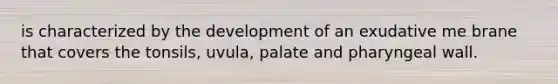 is characterized by the development of an exudative me brane that covers the tonsils, uvula, palate and pharyngeal wall.