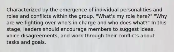 Characterized by the emergence of individual personalities and roles and conflicts within the group. "What's my role here?" "Why are we fighting over who's in charge and who does what?" In this stage, leaders should encourage members to suggest ideas, voice disagreements, and work through their conflicts about tasks and goals.