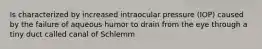 Is characterized by increased intraocular pressure (IOP) caused by the failure of aqueous humor to drain from the eye through a tiny duct called canal of Schlemm