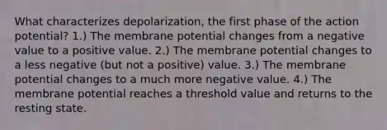 What characterizes depolarization, the first phase of the action potential? 1.) The membrane potential changes from a negative value to a positive value. 2.) The membrane potential changes to a less negative (but not a positive) value. 3.) The membrane potential changes to a much more negative value. 4.) The membrane potential reaches a threshold value and returns to the resting state.