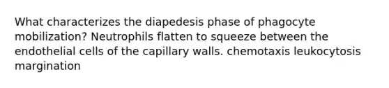 What characterizes the diapedesis phase of phagocyte mobilization? Neutrophils flatten to squeeze between the endothelial cells of the capillary walls. chemotaxis leukocytosis margination