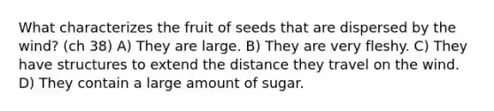 What characterizes the fruit of seeds that are dispersed by the wind? (ch 38) A) They are large. B) They are very fleshy. C) They have structures to extend the distance they travel on the wind. D) They contain a large amount of sugar.