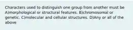 Characters used to distinguish one group from another must be A)morphological or structural features. B)chromosomal or genetic. C)molecular and cellular structures. D)Any or all of the above