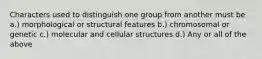 Characters used to distinguish one group from another must be a.) morphological or structural features b.) chromosomal or genetic c.) molecular and cellular structures d.) Any or all of the above