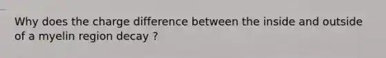 Why does the charge difference between the inside and outside of a myelin region decay ?