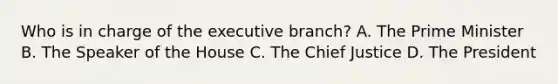 Who is in charge of the executive branch? A. The Prime Minister B. The Speaker of the House C. The Chief Justice D. The President