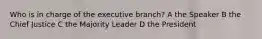 Who is in charge of the executive branch? A the Speaker B the Chief Justice C the Majority Leader D the President