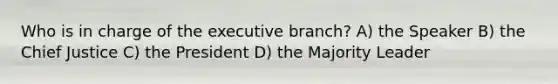 Who is in charge of the executive branch? A) the Speaker B) the Chief Justice C) the President D) the Majority Leader