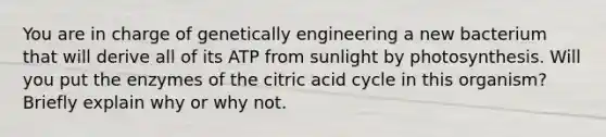 You are in charge of genetically engineering a new bacterium that will derive all of its ATP from sunlight by photosynthesis. Will you put the enzymes of the citric acid cycle in this organism? Briefly explain why or why not.