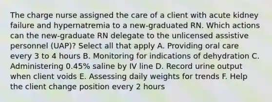 The charge nurse assigned the care of a client with acute kidney failure and hypernatremia to a new-graduated RN. Which actions can the new-graduate RN delegate to the unlicensed assistive personnel (UAP)? Select all that apply A. Providing oral care every 3 to 4 hours B. Monitoring for indications of dehydration C. Administering 0.45% saline by IV line D. Record urine output when client voids E. Assessing daily weights for trends F. Help the client change position every 2 hours