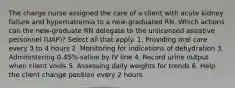 The charge nurse assigned the care of a client with acute kidney failure and hypernatremia to a new-graduated RN. Which actions can the new-graduate RN delegate to the unlicensed assistive personnel (UAP)? Select all that apply. 1. Providing oral care every 3 to 4 hours 2. Monitoring for indications of dehydration 3. Administering 0.45% saline by IV line 4. Record urine output when client voids 5. Assessing daily weights for trends 6. Help the client change position every 2 hours