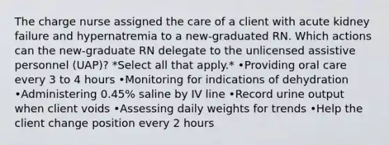 The charge nurse assigned the care of a client with acute kidney failure and hypernatremia to a new-graduated RN. Which actions can the new-graduate RN delegate to the unlicensed assistive personnel (UAP)? *Select all that apply.* •Providing oral care every 3 to 4 hours •Monitoring for indications of dehydration •Administering 0.45% saline by IV line •Record urine output when client voids •Assessing daily weights for trends •Help the client change position every 2 hours