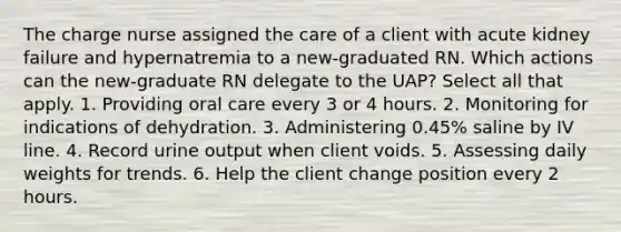 The charge nurse assigned the care of a client with acute kidney failure and hypernatremia to a new-graduated RN. Which actions can the new-graduate RN delegate to the UAP? Select all that apply. 1. Providing oral care every 3 or 4 hours. 2. Monitoring for indications of dehydration. 3. Administering 0.45% saline by IV line. 4. Record urine output when client voids. 5. Assessing daily weights for trends. 6. Help the client change position every 2 hours.