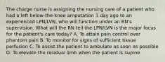 The charge nurse is assigning the nursing care of a patient who had a left below-the-knee amputation 1 day ago to an experienced LPN/LVN, who will function under an RN's supervision. What will the RN tell the LPN/LVN is the major focus for the patient's care today? A. To attain pain control over phantom pain B. To monitor for signs of sufficient tissue perfusion C. To assist the patient to ambulate as soon as possible D. To elevate the residual limb when the patient is supine