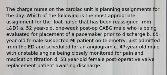 The charge nurse on the cardiac unit is planning assignments for the day. Which of the following is the most appropriate assignment for the float nurse that has been reassigned from L&D? a. 52 year-old, one-week post-op CABG male who is being evaluated for placement of a pacemaker prior to discharge b. 65-year old female suspected MI patient on telemetry, just admitted from the ED and scheduled for an angiogram c. 47-year old male with unstable angina being closely monitored for pain and medication titration d. 58 year-old female post-operative valve replacement patient awaiting discharge