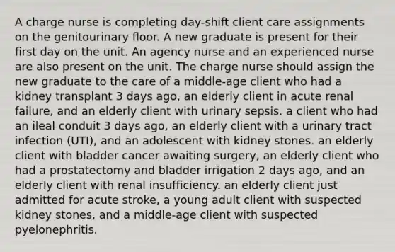 A charge nurse is completing day-shift client care assignments on the genitourinary floor. A new graduate is present for their first day on the unit. An agency nurse and an experienced nurse are also present on the unit. The charge nurse should assign the new graduate to the care of a middle-age client who had a kidney transplant 3 days ago, an elderly client in acute renal failure, and an elderly client with urinary sepsis. a client who had an ileal conduit 3 days ago, an elderly client with a urinary tract infection (UTI), and an adolescent with kidney stones. an elderly client with bladder cancer awaiting surgery, an elderly client who had a prostatectomy and bladder irrigation 2 days ago, and an elderly client with renal insufficiency. an elderly client just admitted for acute stroke, a young adult client with suspected kidney stones, and a middle-age client with suspected pyelonephritis.