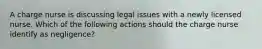 A charge nurse is discussing legal issues with a newly licensed nurse. Which of the following actions should the charge nurse identify as negligence?