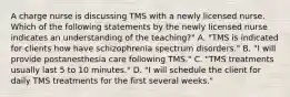 A charge nurse is discussing TMS with a newly licensed nurse. Which of the following statements by the newly licensed nurse indicates an understanding of the teaching?" A. "TMS is indicated for clients how have schizophrenia spectrum disorders." B. "I will provide postanesthesia care following TMS." C. "TMS treatments usually last 5 to 10 minutes." D. "I will schedule the client for daily TMS treatments for the first several weeks."